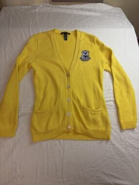 Lauren Ralph Lauren Women’s S Yellow Crest Cardigan Sweater Cotton Equestrian